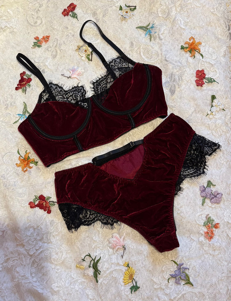 Burgundy Velvet Lingerie Bra and PantySet