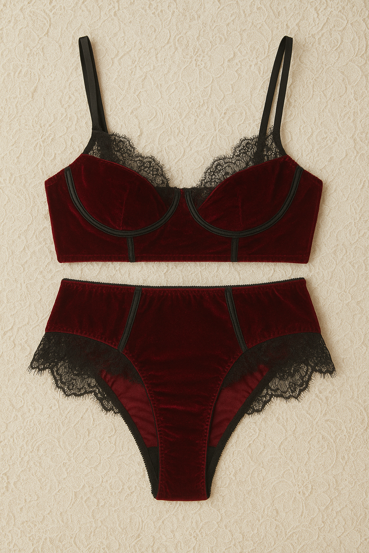 Burgundy Velvet Lingerie Bra and PantySet