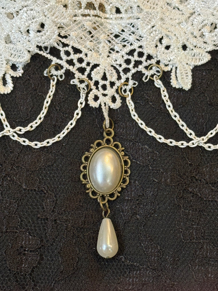 Lace Necklace Collection: White Lace with Pearl Drops