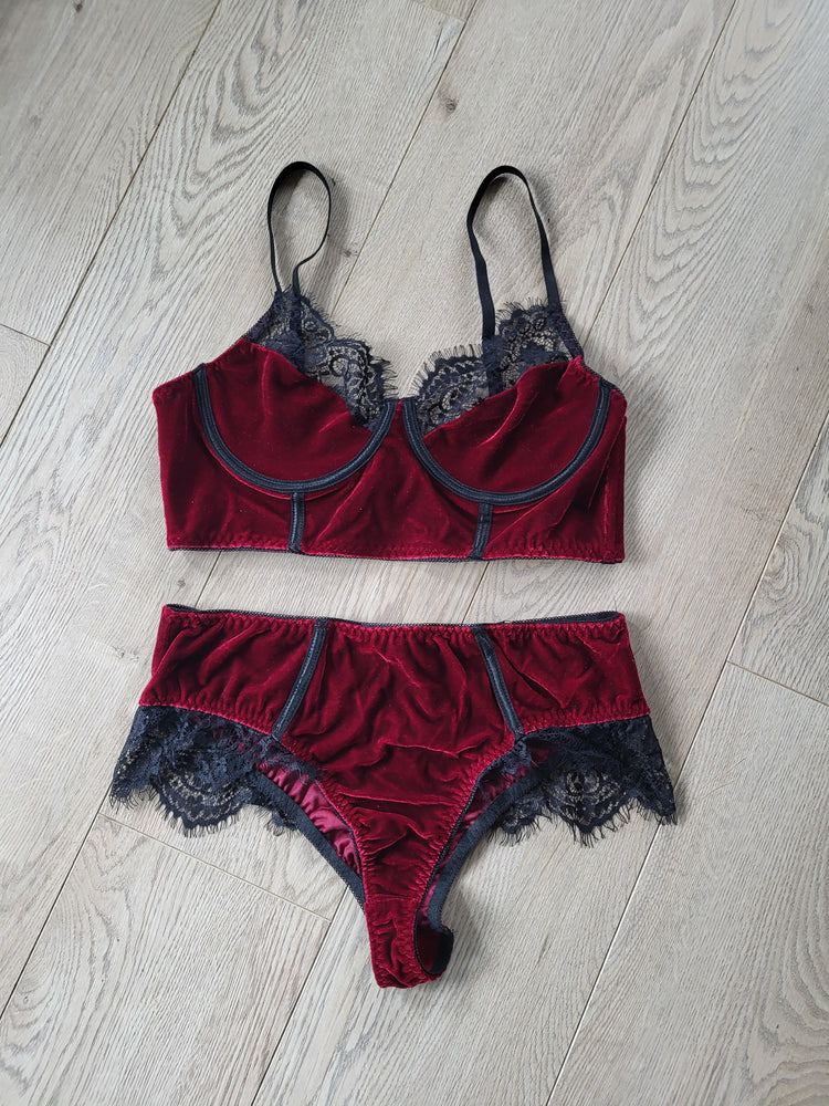 Burgundy Velvet Lingerie Bra and PantySet