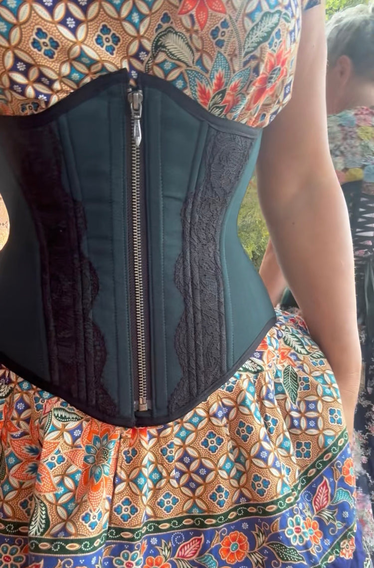 Petite Myrtle Girdle Corset - Zipper front - Evergreen and Black Lace