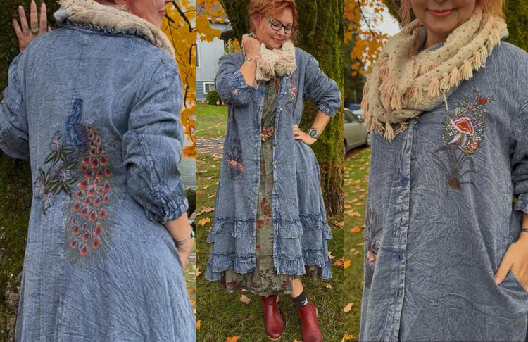 Paper Lace 🪶 Soft Denim Ruffle Coat — Peacock & Floral Embroidery