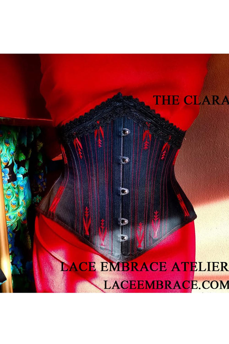 Clara Corset - Black Cotton Sateen with Red Top Stitching