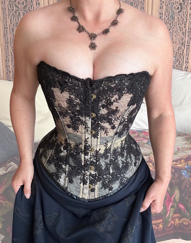 Black shadow lace over nude mesh Adora overbust corset with sculpted waist