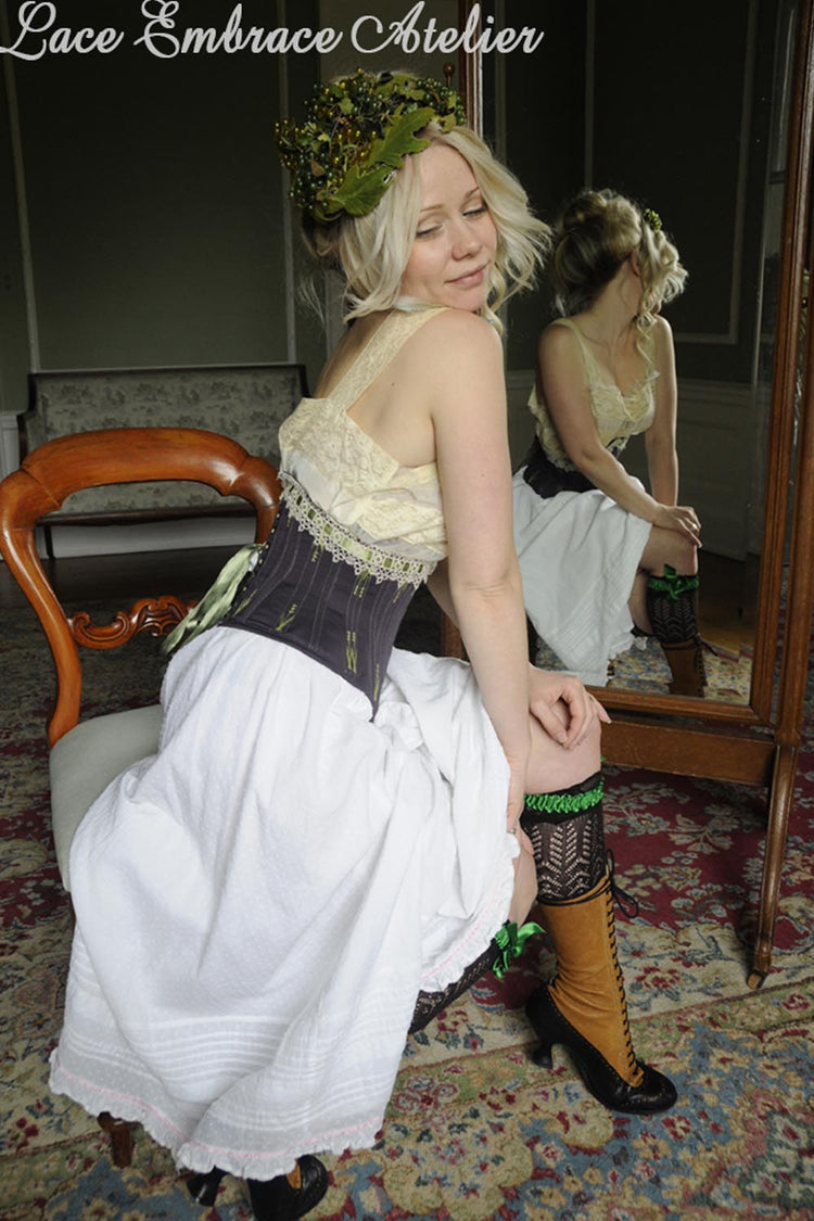 Clara Corset - Black Cotton Sateen with Red Top Stitching