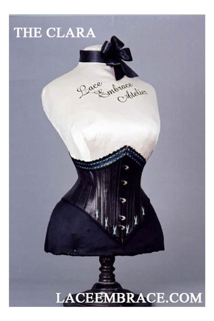 Clara Corset - Black Cotton Sateen with Red Top Stitching