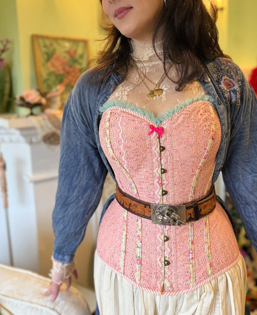 Peach Petaline corset with  leather belt and denim jacket