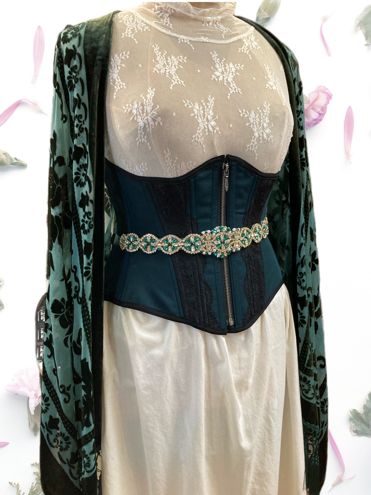 Petite Zoya Corset -  Zipper front - Evergreen and Black Lace