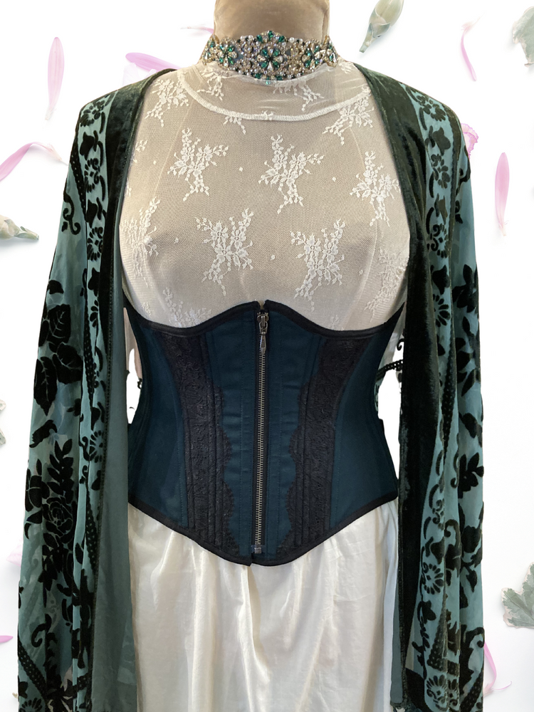 Petite Myrtle Girdle Corset - Zipper front - Evergreen and Black Lace