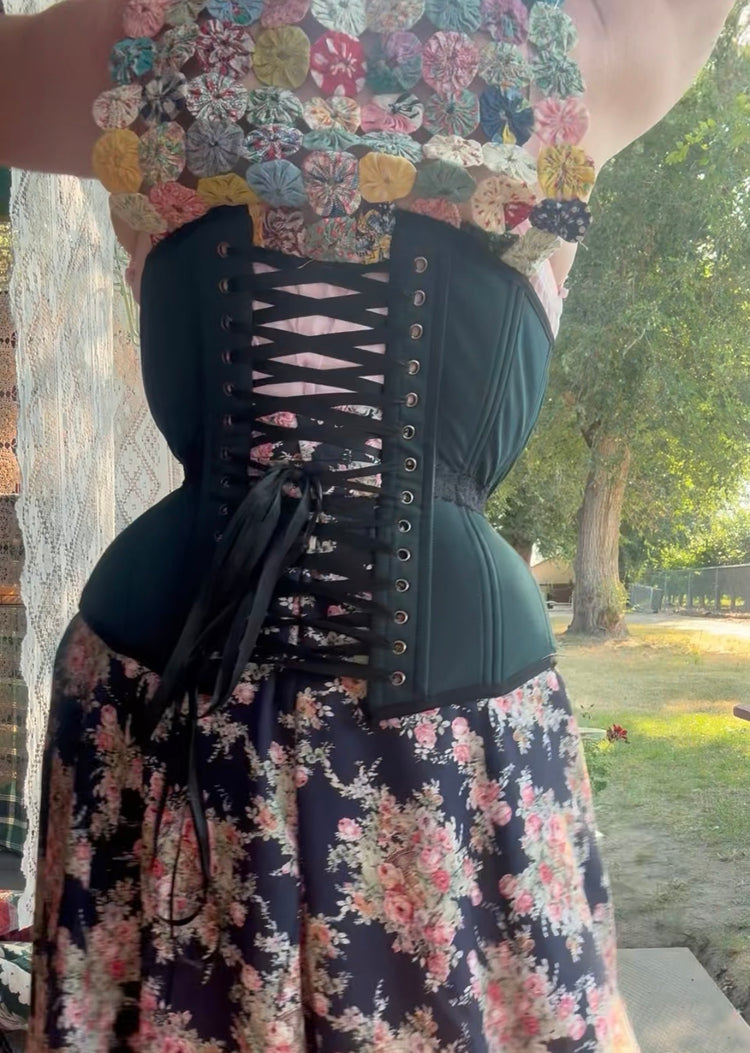 Petite Zoya Corset -  Zipper front - Evergreen and Black Lace