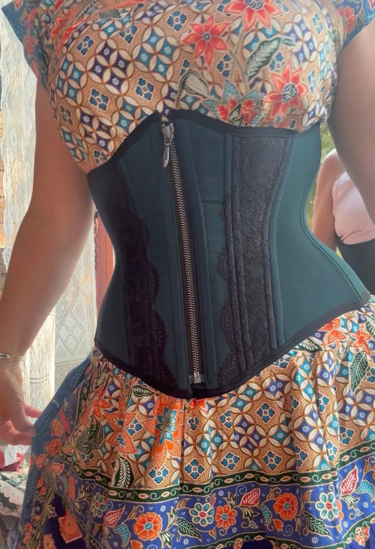 Petite Myrtle Girdle Corset - Zipper front - Evergreen and Black Lace