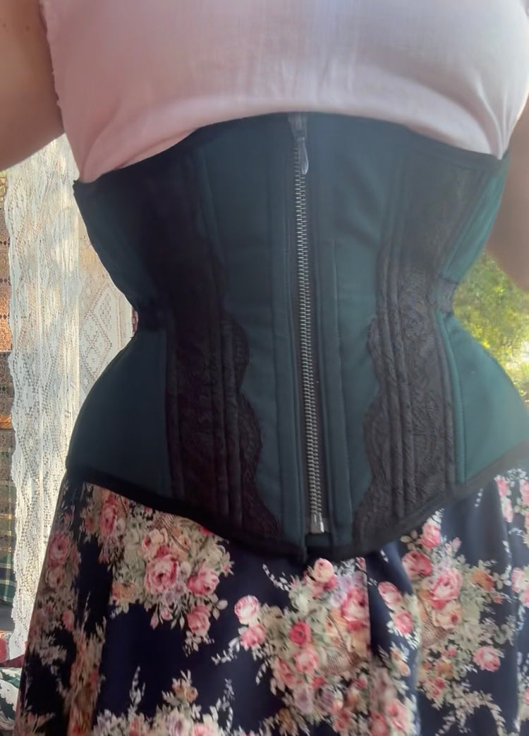 Petite Zoya Corset -  Zipper front - Evergreen and Black Lace