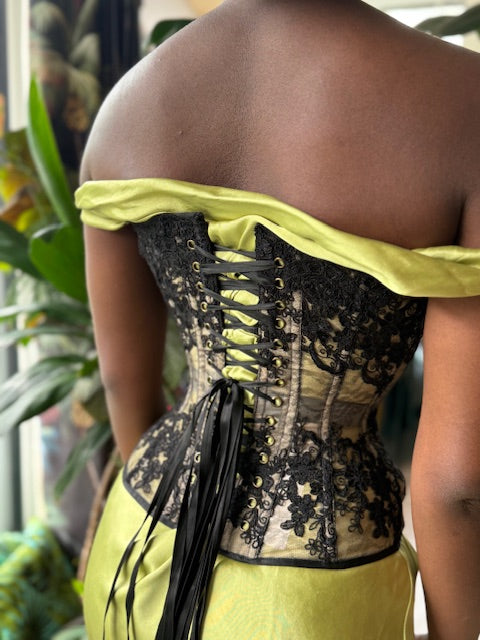 Black shadow lace over nude mesh Adora overbust corset with sculpted waist