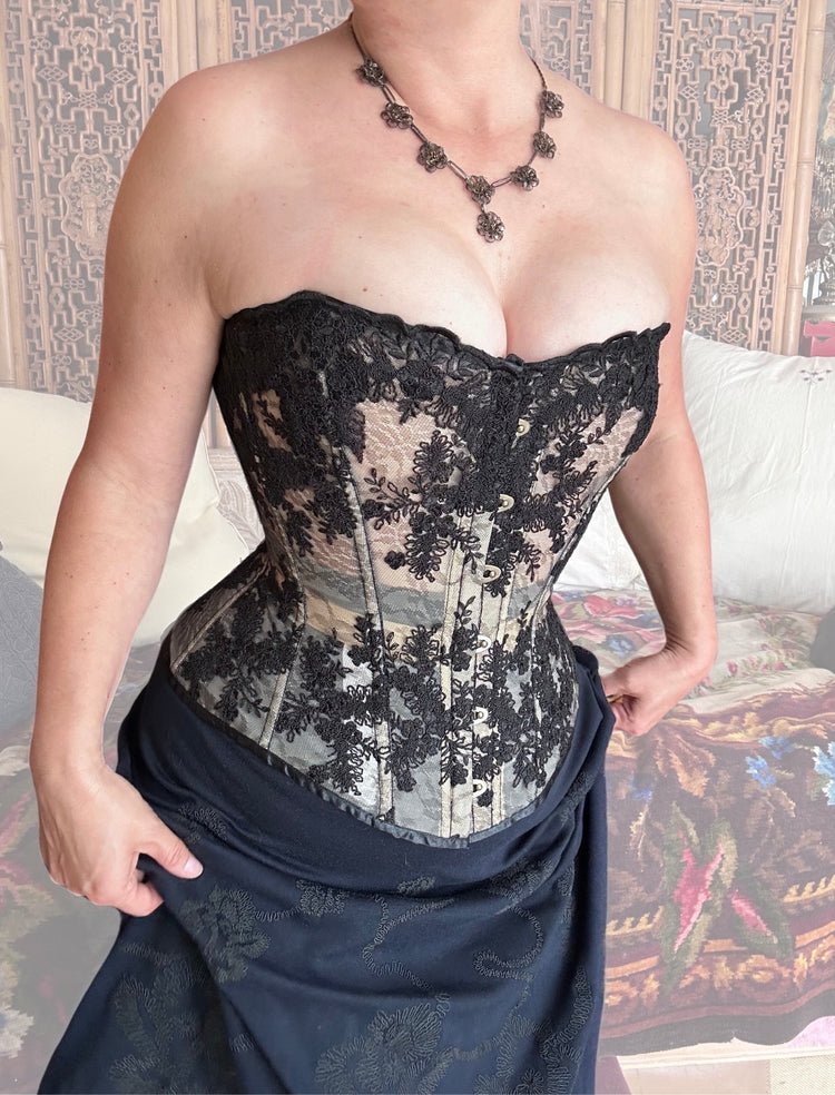 Black shadow lace over nude mesh Adora overbust corset with sculpted waist