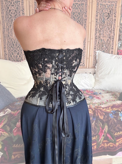 Black shadow lace over nude mesh Adora overbust corset with sculpted waist