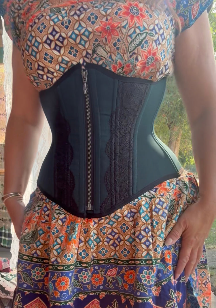 Petite Myrtle Girdle Corset - Zipper front - Evergreen and Black Lace