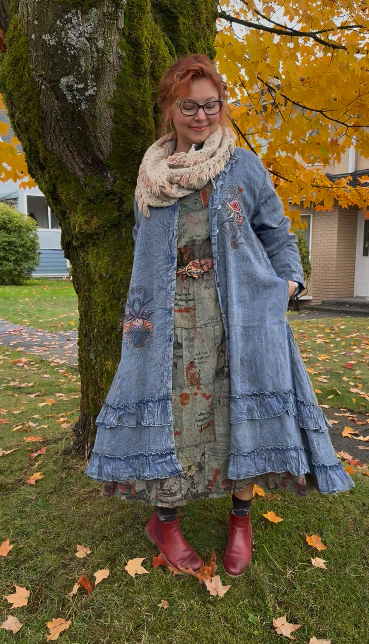 Paper Lace 🪶 Soft Denim Ruffle Coat — Peacock & Floral Embroidery