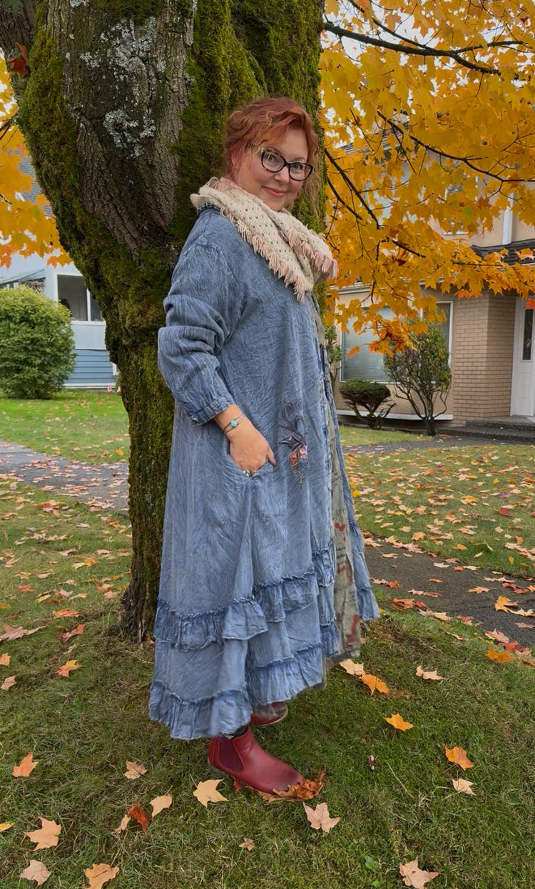 Paper Lace 🪶 Soft Denim Ruffle Coat — Peacock & Floral Embroidery