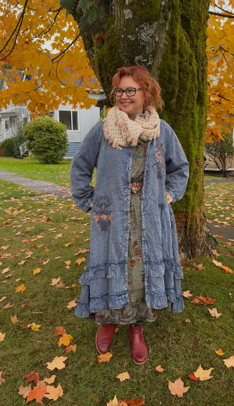 Paper Lace 🪶 Soft Denim Ruffle Coat — Peacock & Floral Embroidery