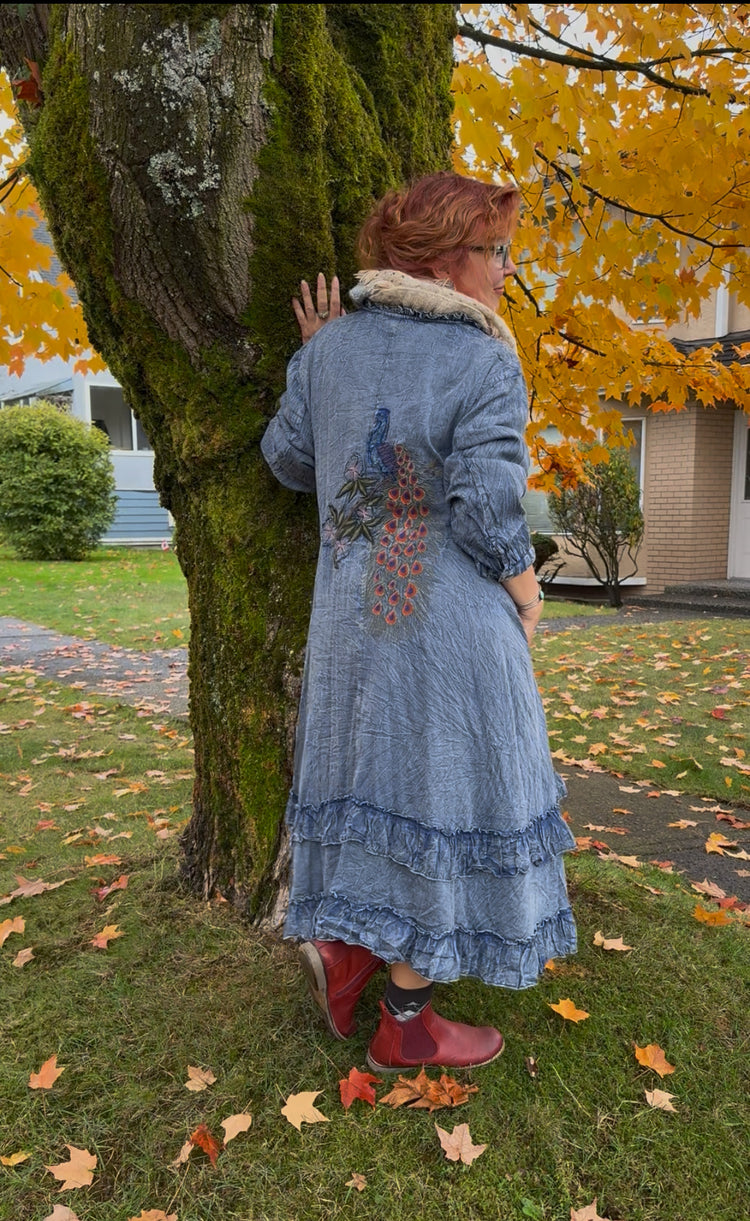 Paper Lace 🪶 Soft Denim Ruffle Coat — Peacock & Floral Embroidery