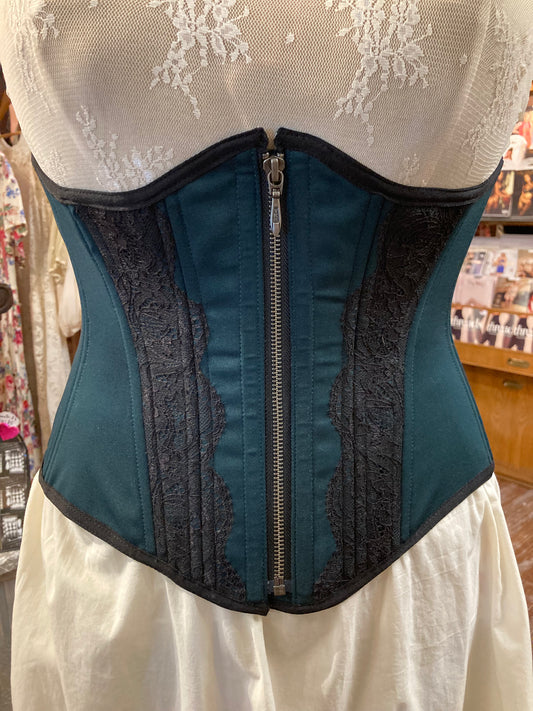 Petite Myrtle Girdle Corset - Zipper front - Evergreen and Black Lace
