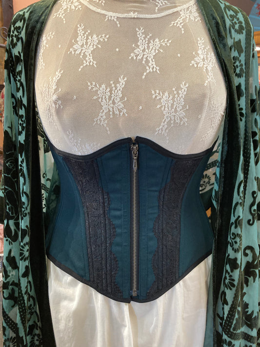 Petite Myrtle Girdle Corset - Zipper front - Evergreen and Black Lace