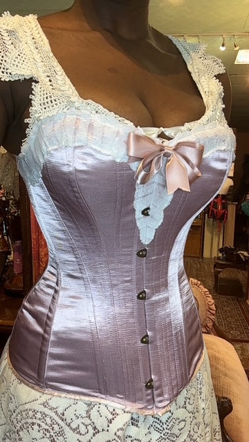 Eynede Corset - Blush Pink Satin with Lace Bow