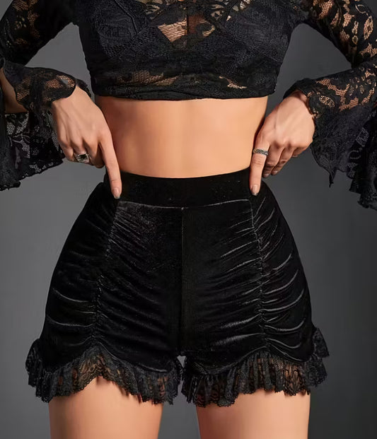 Black Velvet and Lace Ruffle Shorts