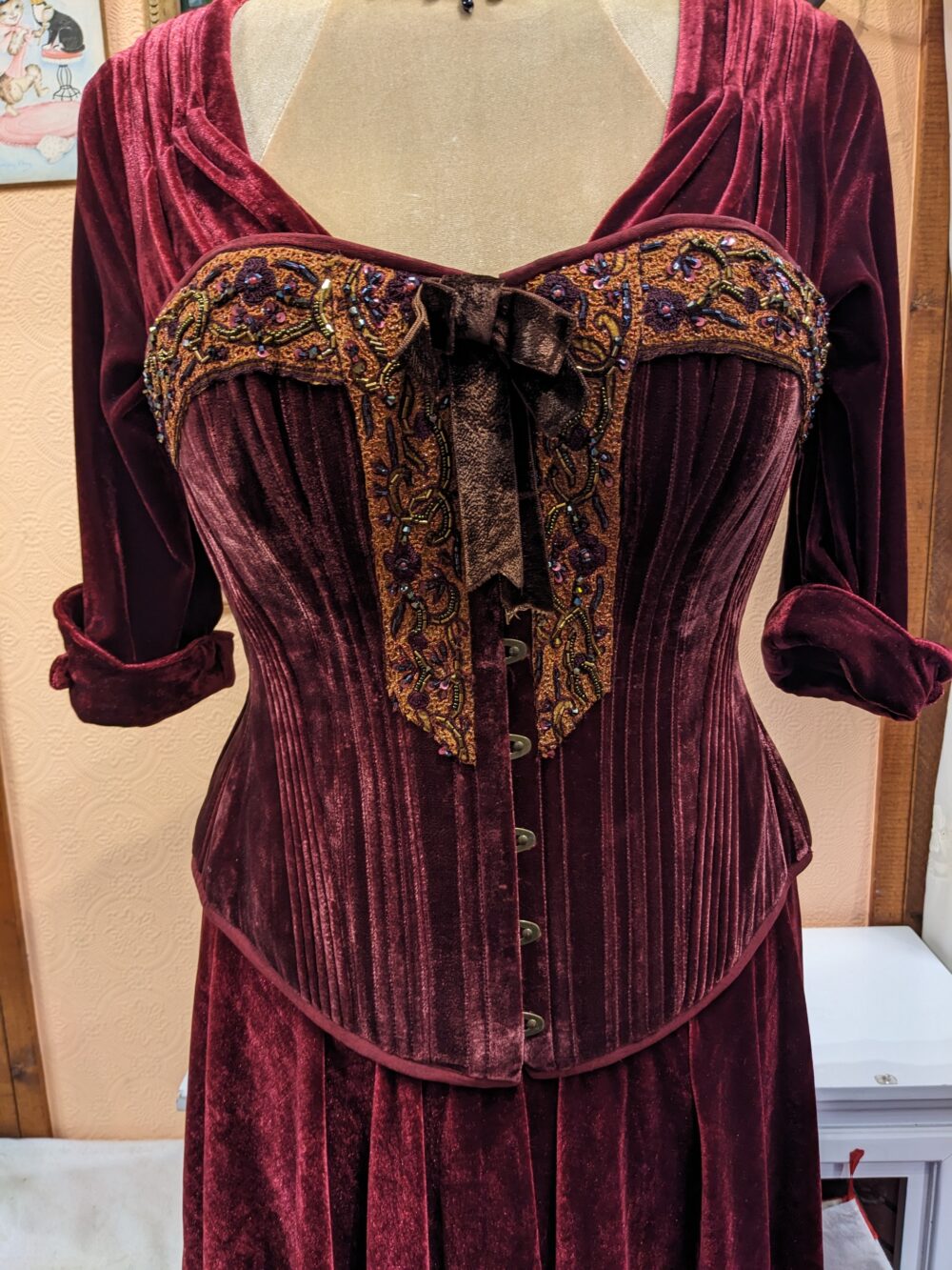 Burgundy Velvet Overbust Corset with Beaded Trim - Image 2