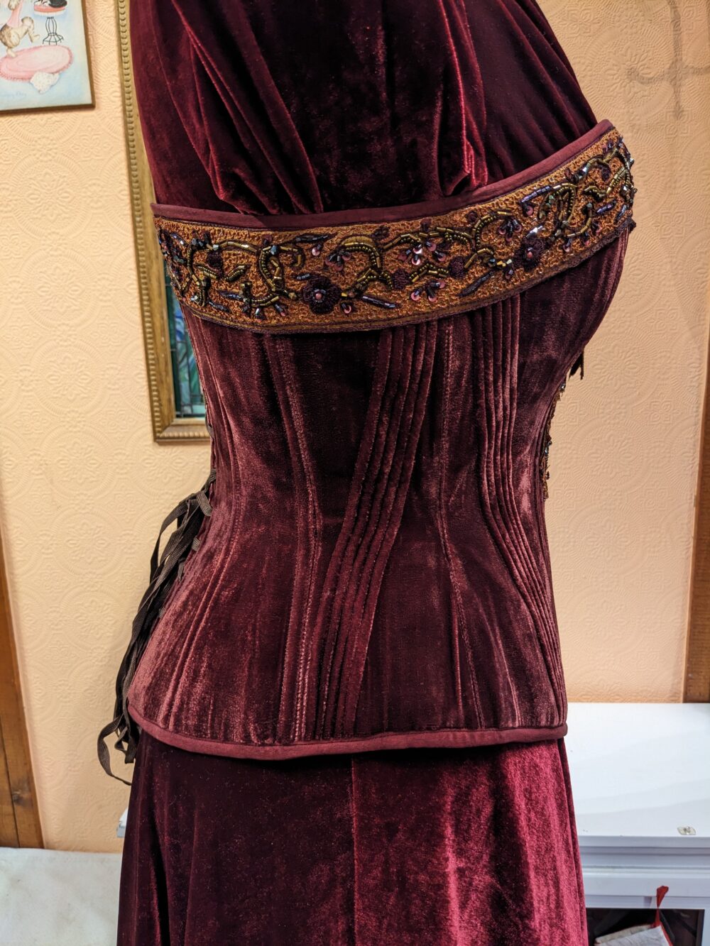 Burgundy Velvet Overbust Corset with Beaded Trim - Image 3