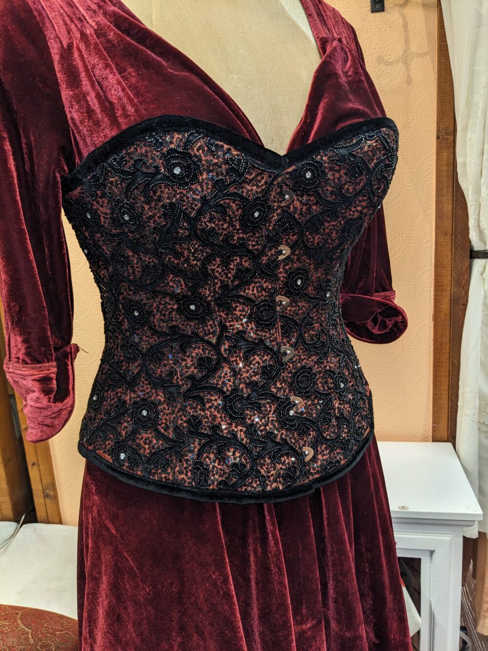 Black and Burgundy Overbust Beaded Corset