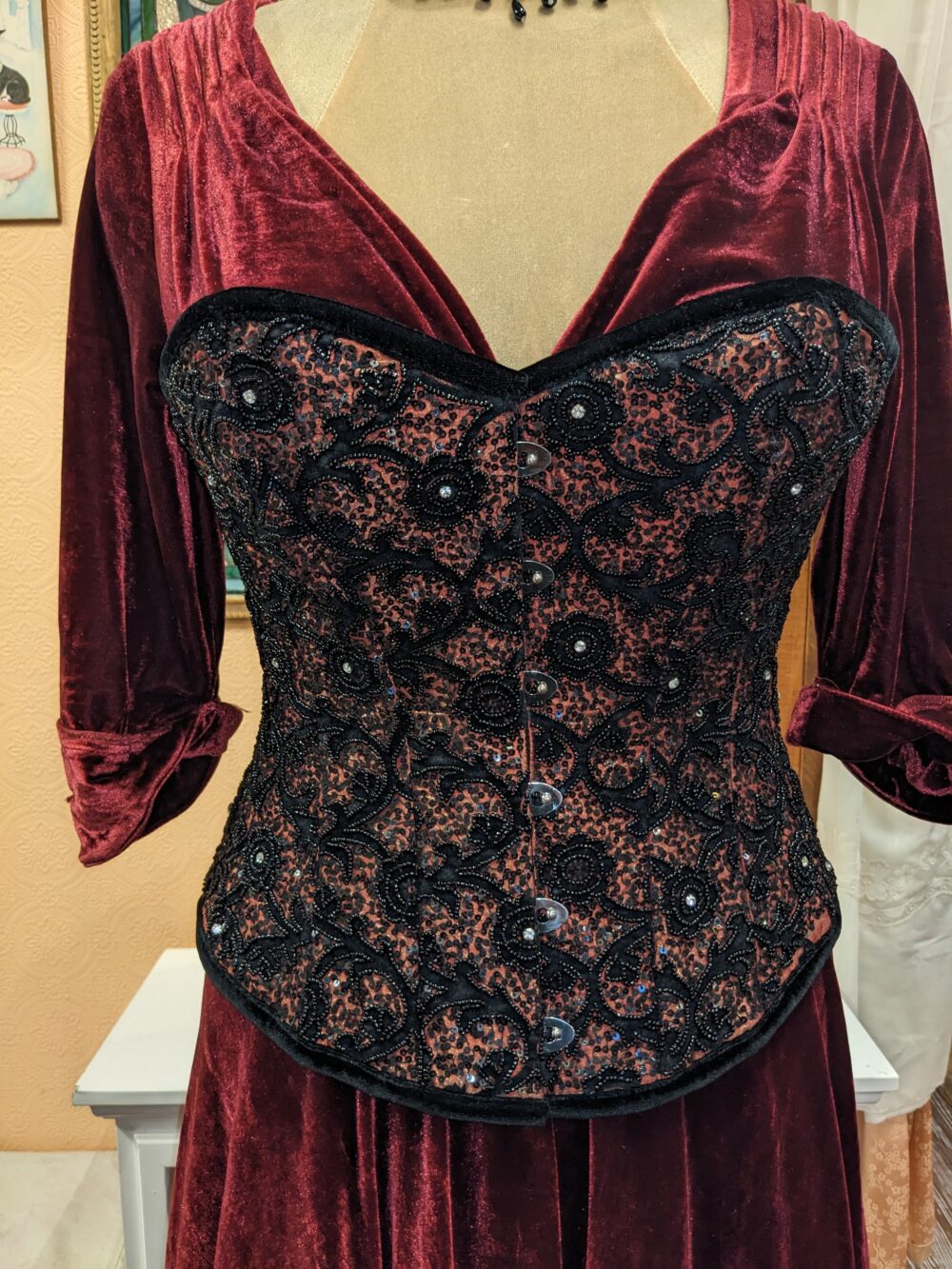 Black and Burgundy Overbust Beaded Corset - Image 2