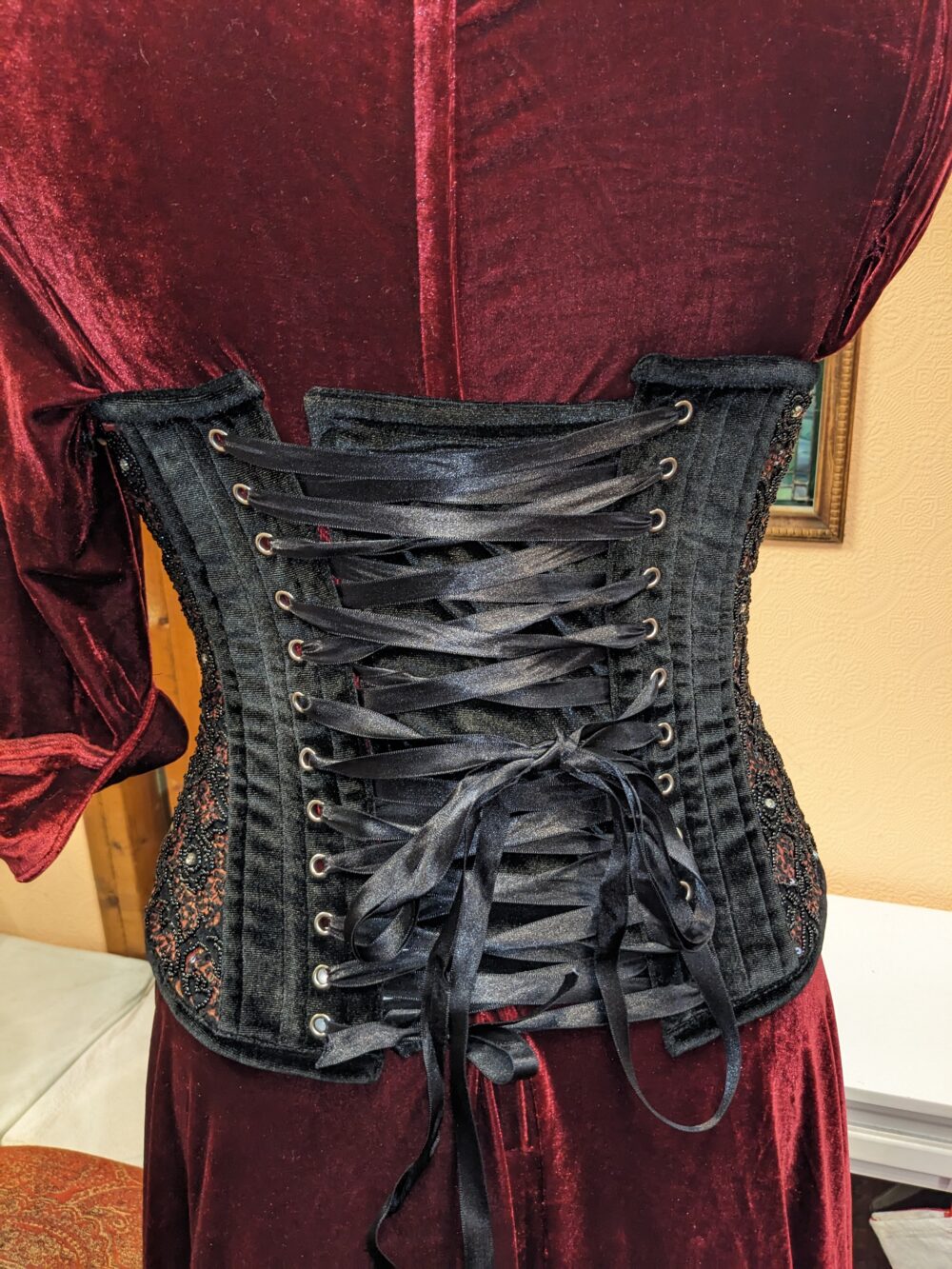 Black and Burgundy Overbust Beaded Corset - Image 4