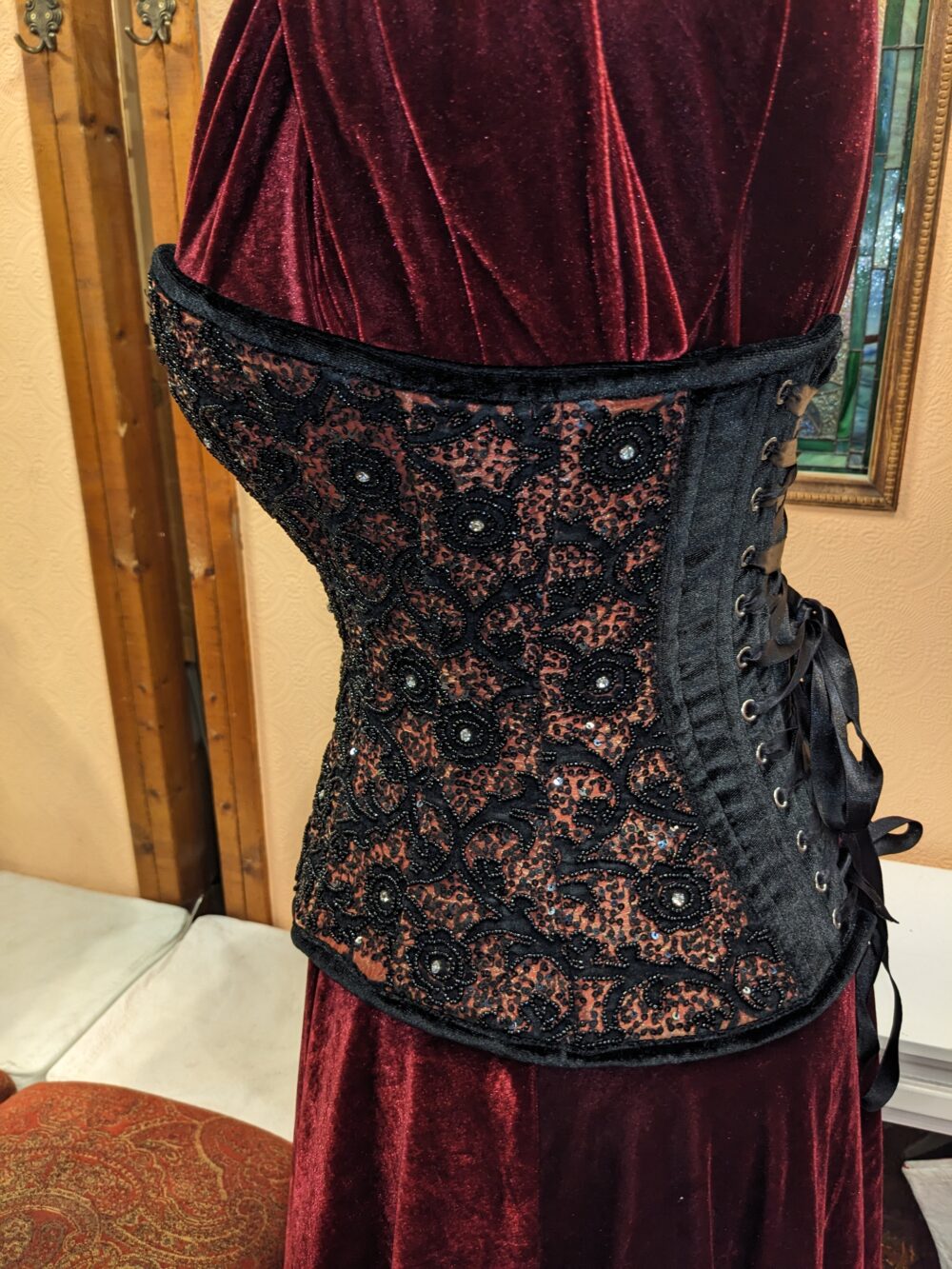 Black and Burgundy Overbust Beaded Corset - Image 3